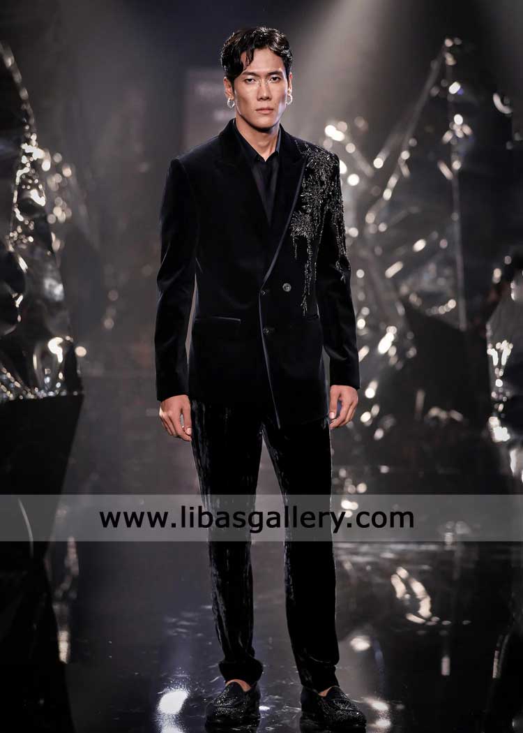French Navy Silk Velvet Metallic Bead Embroidered Tuxedo Set